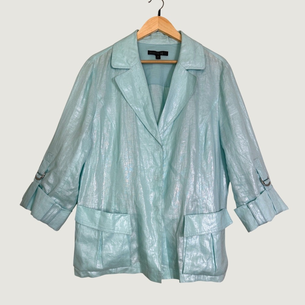 Lafayette 148 Jacket 100% Linen Size 16 Blue Metallic Shimmer Snap Front Blazer
